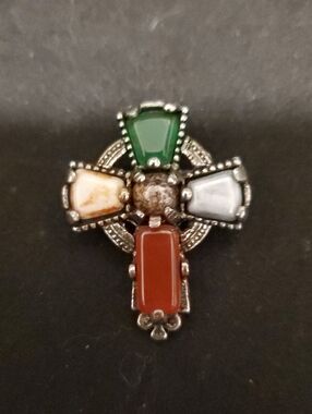 Stunning Gem Stone Cross Brooch On Silver Backing